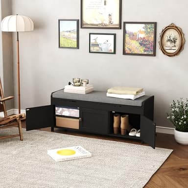 HOMEFORT 41.3" Shoe Bench with Lift Top Storage, Entryway Bench with Cushioned Seat, Wooden End of Bed Bench, Shoe Cabinet Bench with Hidden Storage Space, for Bedroom, Hallway,Black - Image 6