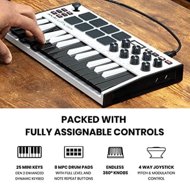 Akai Professional MPK Mini MK3 - 25 Key USB MIDI Keyboard Controller With 8 Backlit Drum Pads, 8 Knobs, Music Production Software and Native Instruments Sound Package (NKS Integration), White - Image 3