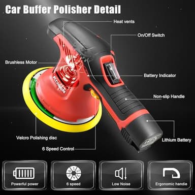 AOBEN Cordless Car Polisher,6 Inch Car buffer Waxer Kit with 2X2000mAh Batteries,6 Variable Speed &10 Polishing Pads,Brushless Cordless Polisher for Car Detailing/Waxing/Polishing/Scratch Removing - Image 2