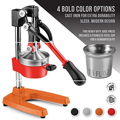 Eurolux Cast Iron Citrus Juicer | Extra-Large Commercial Grade Manual Hand Press | Heavy Duty Countertop Squeezer for Fresh Orange Juice (Bonus Stainless Steel Cup) (Gray) - Image 2
