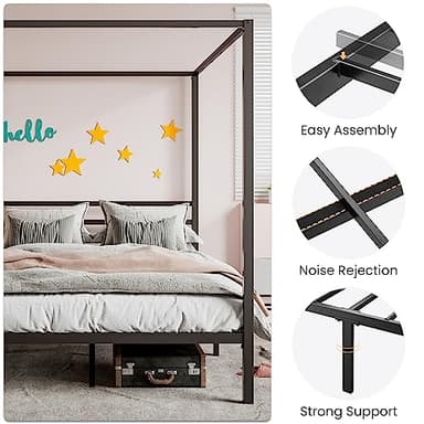 SHA CERLIN Canopy Bed Frame Queen Size/Mattress Foundation with Metal Slats Support/No Box Spring Needed/Easy Assembly/Black - Image 4