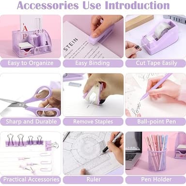 Purple Office Desk Accessories Supplies, 12pcs Desk Organizers and Accessories with Tape dispenser and Stapler,Staples,Staple Remover,Pen Holder,Scissor,Ruler,Sticky Tabs,Tape,Ballpoint Pen,Clips Set - Image 6