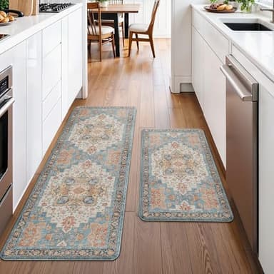 GENIMO Kitchen Mats for Floor 2PCs, Washable Anti Fatigue Mat for Cushioned, 17.3"x47"+17.3"x30", Waterproof Kitchen Rugs, Non Slip Comfort Standing Mat Rug for Home, Sink, Laundry, Blue&Salmon - Image 3