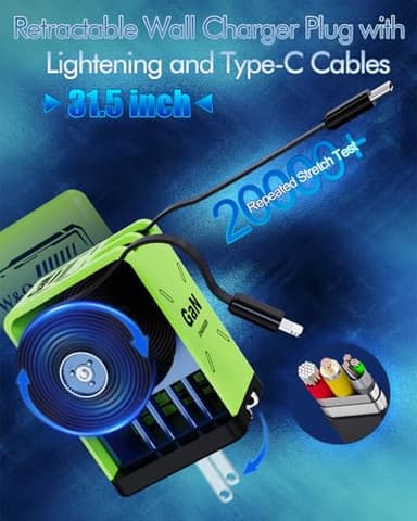 W&O 2-in-1 gan Compatible with Fast Charger,GaN Charger Fast Charging,45W Retractable Phone Charger Wall Plug with Lightening and Type-C Cables,for iPhone16/15 Series, Galaxy S25/24,Android and More - Image 6