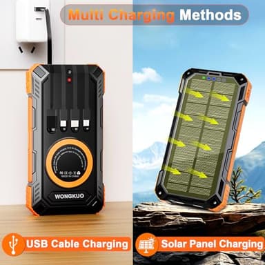 WONGKUO Solar Charger Power Bank - 49800mAh Solar Phone Charger with USB-C in/Output, QC 3.0 Fast Charging with LED Flashlight, Portable Power Bank Built-in 4 Cables, IP65 Waterproof Fits for Outdoor - Image 5