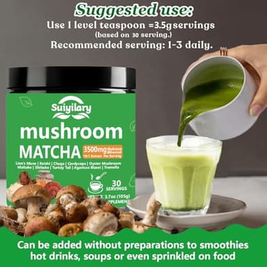 10 Mushroom Matcha Powder with Lion's Mane, Reishi, Mushroom Polysaccharides & More, 3500mg(10:1) Extract, Japanese Ceremonial Matcha for Focus, Energy, Immunity Boost, Memory - 30 Serving - Image 3
