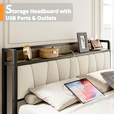 LIKIMIO Queen Bed Frame, Storage Headboard with Charging Station, Solid and Stable, Noise Free, No Box Spring Needed, Easy Assembly (Walnut and Beige) - Image 3