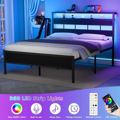 Furnulem Queen Bed Frame with Storage Headboard and LED Lights, Metal Bedframe with Charging Station and USB Port, Queen Size Platform Bed with Heavy Duty Slats, No Box Spring Needed, Black Oak - Image 5