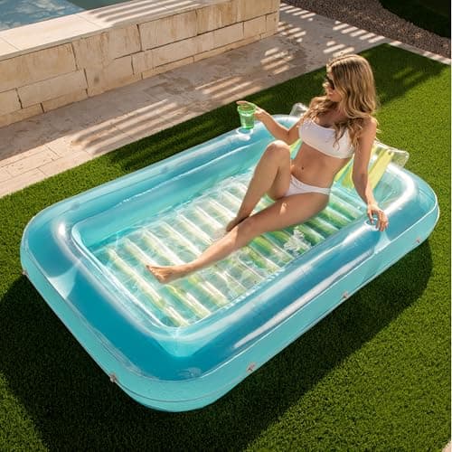 SLOOSH Inflatable Tanning Pool Lounger Float, 70" x 46" Pool Floats Adult with Pillow, 4 in 1 Suntan Tub Raft Floatie,Sunbathing Bed Lounge for Water Blow Up Kids Ball Pit Party Gifts, L-Blue Green - Image 1