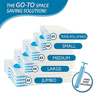 20 Pack Vacuum Storage Bags, Space Saver Bags (4 Jumbo/4 Large/4 Medium/4 Small/4 Roll) Compression for Comforters and Blankets, Sealer Clothes Storage, Hand Pump Included - Image 4