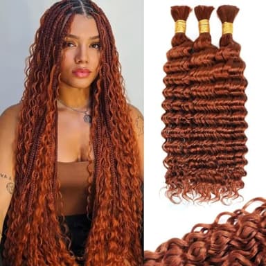 100g 3 Bundles/Pack Dark Ginger Human Braiding Hair for Boho Braids 16 Inch Curly Boho Hair for Braiding Knotless 12A Deep Wave Bulk Bohemian Color 350 - Image 1