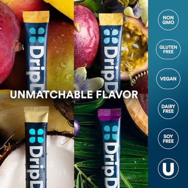 DripDrop Hydration Packets - Tropical Variety Pack - Single Serve Electrolytes Powder Drink Mix - Mango, Açaí, Passion Fruit, Piña Colada - Non-GMO, Gluten Free, Vegan - 32 Sticks - Image 7