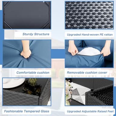 Shintenchi 7 Pieces Outdoor Patio Sectional Sofa Couch, Black Wicker Furniture Conversation Sets with Washable Cushions & Glass Coffee Table for Garden, Poolside, Backyard (Aegean Blue) - Image 6