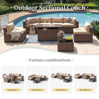 Aoxun 8 Piece Patio Furniture Set with 44” Fire Pit Table Wicker Rattan Outdoor Sectional Sofa Set with Coffee Table and Thickened Cushions, Beige (Waterproof Cover Included) - Image 7