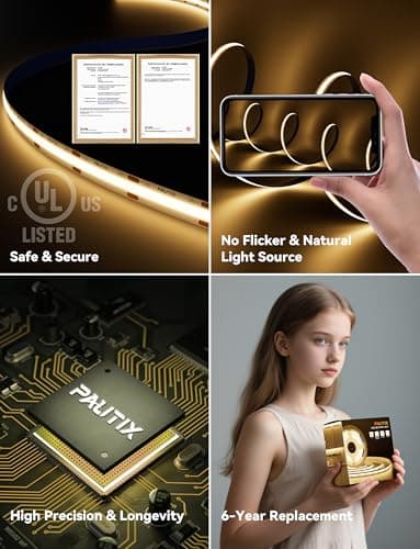 PAUTIX COB LED Strip Light 16.4ft,Engineering Level UL Listed Warm White 2700K,CRI93+ Super Bright High Lumen,Dimmable 24V Flexible LED Tape Light with RF Remote,for Cabinets,Home&Office DIY Lighting - Image 5