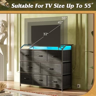 WLIVE Led Dresser for Bedroom, TV Stand for Bedroom with LED Lights and Power Outlet, Wide Chest of Drawers for Hallway, 8 Fabric Drawers for Living Room and Entryway, Charcoal Black Wood Grain Print - Image 3