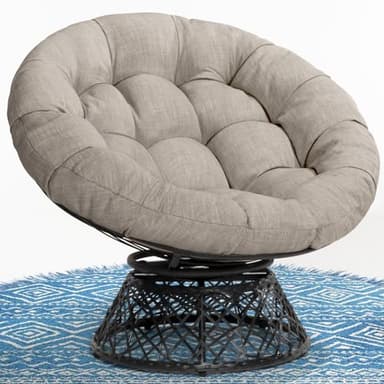 Bme 40" Ergonomic Wicker Papasan Chair with Soft Thick Density Fabric Cushion, High Capacity Steel Frame, 360 Degree Swivel for Living, Bedroom, Reading Room, Lounge, Silver Cloud - Black Base - Image 1