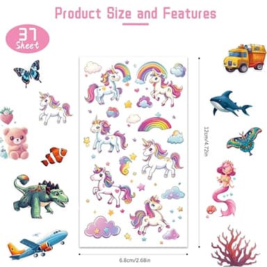 Keikihipa Tattoos for Kids, 350+ Mixed Styles (37 Sheets) Temporary Tattoos Stickers Set Gift for Girls and Boys, Space Dinosaur Animals Butterfly Tattoos for Kids Birthday Party Supplies - Image 3