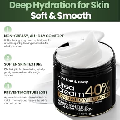 Urea Cream 40 Percent for Feet - Foot Cream for Dry Cracked Heels, 2% Salicylic Acid for Callus Remover, Maximum Strength Repair Skin, Soft & Smooth 40% Urea Lotion Moisturizer Elbows Hands Knees - Image 7