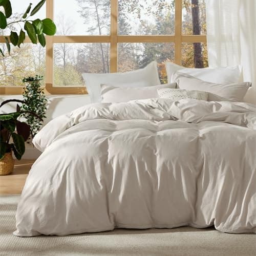 Bedsure 100% Stone Washed Cotton Duvet Cover King - Light Greige Minimalist Cotton Duvet Cover Linen Like for All Seasons - GentleSoft™ Plain Simple Bedding (Light Greige, King, 104"x90") - Image 1