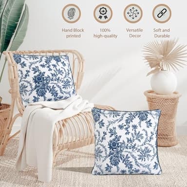 Ridhi Incremental Blue Block Print Cotton Throw Pillow Covers for Decorative Couch Pillows for Living Room, Chic Boho Cute Outdoor Thanksgiving Pillows Covers Gifts 18x18 Inches - Image 4