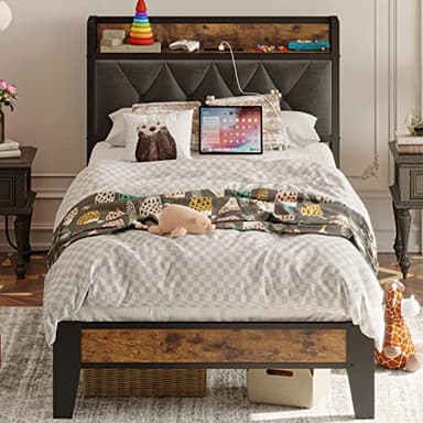 ANCTOR Twin Bed Frames, Storage Headboard with Outlets, Easy to Install, Sturdy and Stable, No Noise, No Box Springs Needed - Perfect for a Good Night's Sleep - Image 1