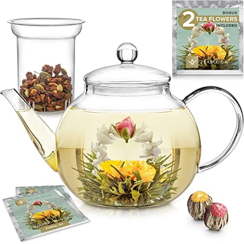 Teabloom Stovetop & Microwave Safe Glass Teapot with Removable Loose Tea Glass Infuser – Includes 2 Blooming Teas – 2-in-1 Tea Kettle and Tea Maker – Tea Purist's Choice - Image 1