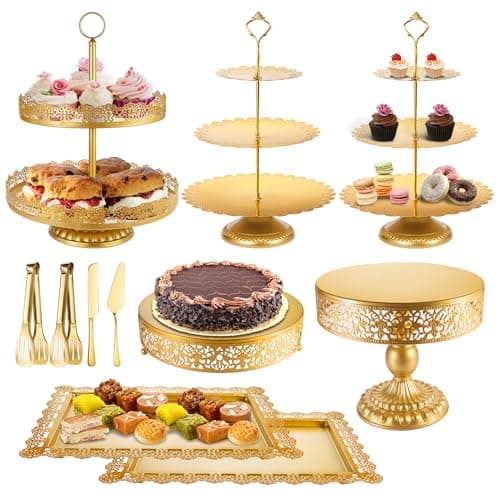 ELIMTEC Gold Cake Stand Metal Dessert Table Display Set Tiered Cupcake Holder Fruit Candy Donut Plate Serving Tower Tray Platter (Gold) - Image 1