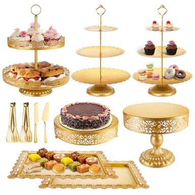 ELIMTEC Gold Cake Stand Metal Dessert Table Display Set Tiered Cupcake Holder Fruit Candy Donut Plate Serving Tower Tray Platter (Gold) - Image 1