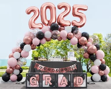 Graduation Party Decorations Class of 2025-86 PCS Grad Party Supplies With LED Light Strings Balloon Block Boxes with Letters Foil Curtain Backdrop 2025 Balloon Garland Kit - Black Pink Rose Gold - Image 5