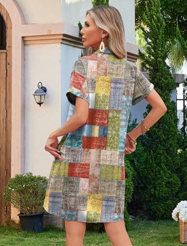 HOTOUCH Women's Button Down Dress 2025 Summer Beach Short Sleeve Casual Loose Dress Tunic Dresses with Pockets Color Block XL - Image 5