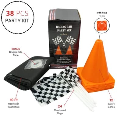 4E's Novelty 38 Pieces Set - 12 Traffic Cones With Hole on Top, 24 Checkered Flags, Racetrack Floor Runner - for For Race Car Birthday Party Supplies, Table Centerpiece Decorations Kids Gift - Image 3