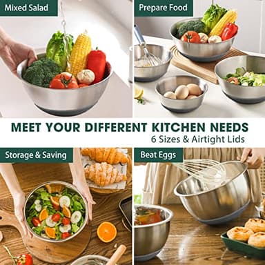 Umite Chef Mixing Bowls with Airtight Lids，6 piece Stainless Steel Metal Nesting Storage Bowls, Non-Slip Bottoms Size 7, 3.5, 2.5, 2.0,1.5, 1QT, Great for Mixing & Serving(Grey) - Image 4