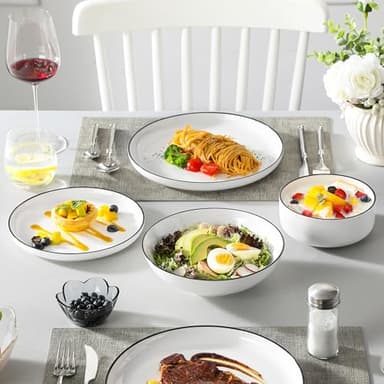 MALACASA Plates and Bowls Sets, 24 Pieces Modern Porcelain Dinnerware Set for 6 Ceramic Dishware Dishes White Kitchen Dinner Dining Ware Set wtih Black Rim Microwave and Dishwasher Safe, Series LUNA - Image 8