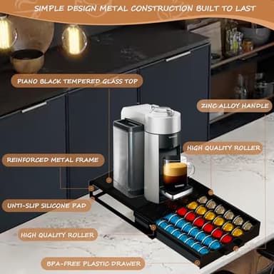 Coffee Pod Holder Drawer Organizer with Deluxe Black Tempered Glass Top, Compatible for Nespresso Vertuo Pods, Holds up to 75 Small or 50 Big Vertuo Pods Compact Design (Piano Black) - Image 6
