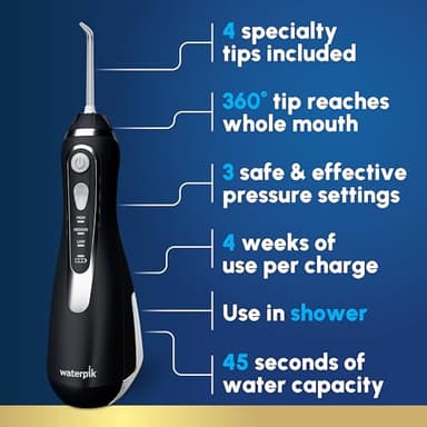 Waterpik Cordless Advanced 2.0 Water Flosser For Teeth, Gums, Braces, Dental Care With Travel Bag and 4 Tips, ADA Accepted, Rechargeable, Portable, and Waterproof, Black WP-582, Packaging May Vary - Image 2