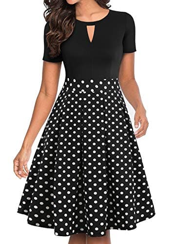 YATHON Women's Vintage Fit and Flare Cocktail Dresses Retro Black White Polka Dot Print Summer Aline Casual Work Swing Dress with Pockets (L, YT018-Black Dot) - Image 1