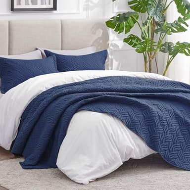 Love's cabin California King Size Quilt Bedding Set Navy Bedspreads - Cal King Summer Quilt Lightweight Bedspread- Wave Pattern Coverlet for All Season - 3 Piece (1 Quilt, 2 Pillow Shams) - Image 2