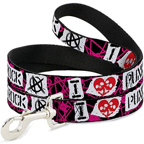 Dog Leash I Heart Punk Rock Safety Pins Black Fuchsia White 4 Feet Long 0.5 Inch Wide - Image 1
