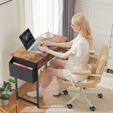 Sweetcrispy Computer Desk Small 32 Inch Home Office Bedroom Writing Study PC Table with Fabric Storage Drawers Space Side Bag Headphone Hook Adjustable Feet Modern Simple Style, Rustic Brown - Image 2