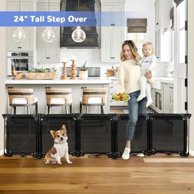 100" Extra Wide Freestanding Dog Gates with Strong Suction Cup No Drilling 24" Tall Step Over Pet Gates for Doorway 5 Panel Foldable Mesh Baby Gate for Dogs Indoor Dog Playpen Puppy Barrier (Black) - Image 6
