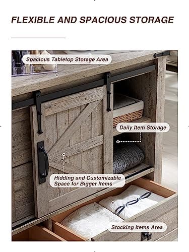 T4TREAM 48'' Farmhouse Dresser for Bedroom w/4 Drawers & Sliding Barn Doors, Tall Chest of Drawers, Rustic Dresser TV Stand w/Shelf, Organizer for Bedroom, Living Room, Foyer,Light Rustic Oak - Image 5