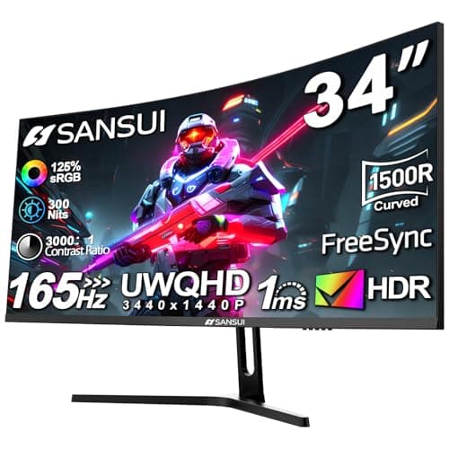 SANSUI 34-Inch Curved Gaming Monitor UWQHD 3440 x 1440 165Hz Curved 1500R - PIP/PBP, 1ms(MPRT), HDR, 300nits, sRGB 125%, DCI-P3 95%,FreeSync,HDMI x2,DP1.4 x2 (ES-G34C5 DP Cable Included) - Image 1