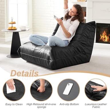 Hobestluk Giant Bean Bag Chair Lazy Floor Sofa, Memory Foam Fireside Sofa for Adults, Big Beanbag Faux Leather Armless Chair for Living Room Bedroom Dorm Office (Black, Single) - Image 3