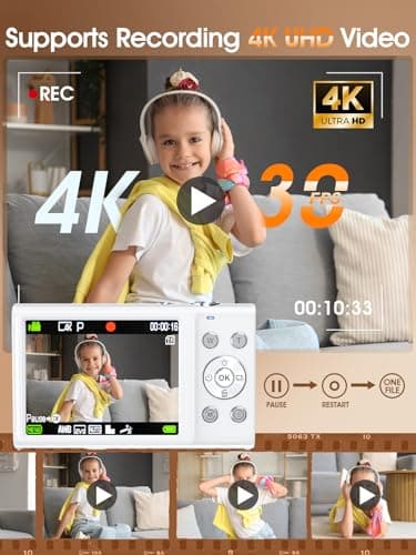 Digital Camera,Autofocus 4K Vlogging Camera for Photography with 32GB Card,48MP Portable Compact Point and Shoot Digital Camera for Teens Adult Beginner with 16X Zoom,Anti-Shake,2 Batteries(White) - Image 3