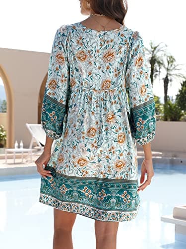 Qearal Summer Dresses for Women Trendy Boho Floral Print Cover Up Beach Dresses Blue XXL - Image 5