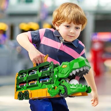 iHaHa Dinosaur Race Track Toys for Ages 3-4 4-6, 59-inches Transport Dinosaur Truck with 12 Die-cast Cars, Carrier Truck Toy Birthday Gifts Toys for 3 4 5 6 Year Old Boy - Image 7