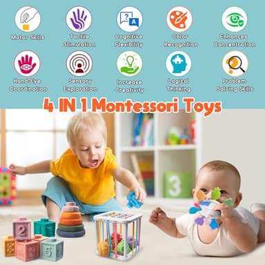 Wuzhineisn Montessori Baby Toys for Ages 6-18 Months - Pull String Teether, Stacking Blocks, Sensory Shapes Storage Bin, Infant Bath Time Fun, 4 in 1 Toddlers Toy Gifts for 1 2 3 Year Old Boys Girls - Image 2