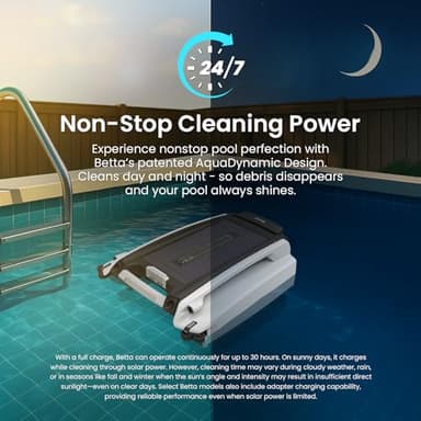 Betta SE Solar Powered Automatic Robotic Pool Surface Skimmer Cleaner with 24/7 Continuous Cleaning Battery Power and Re-Engineered Twin Salt Chlorine Tolerant Motors (White) - Image 2