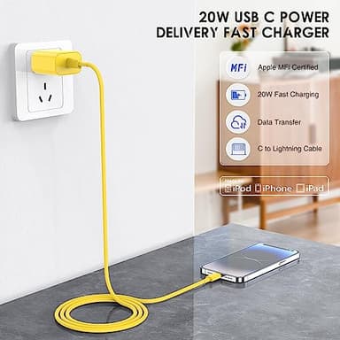 6ft iPhone Fast Charging Cable, 20W USB C Wall Charger With Type C to Lightning Cord for iPhone 14/13/12/11 Pro Max Plus, iPad - 2Pcs Yellow - Image 3